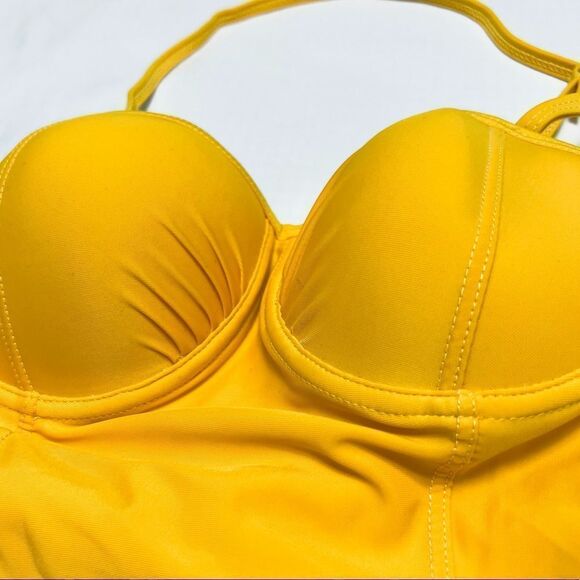 One Piece Swimsuit With Ruffle Mustard Yellow Size Small New - Picture 11 of 13